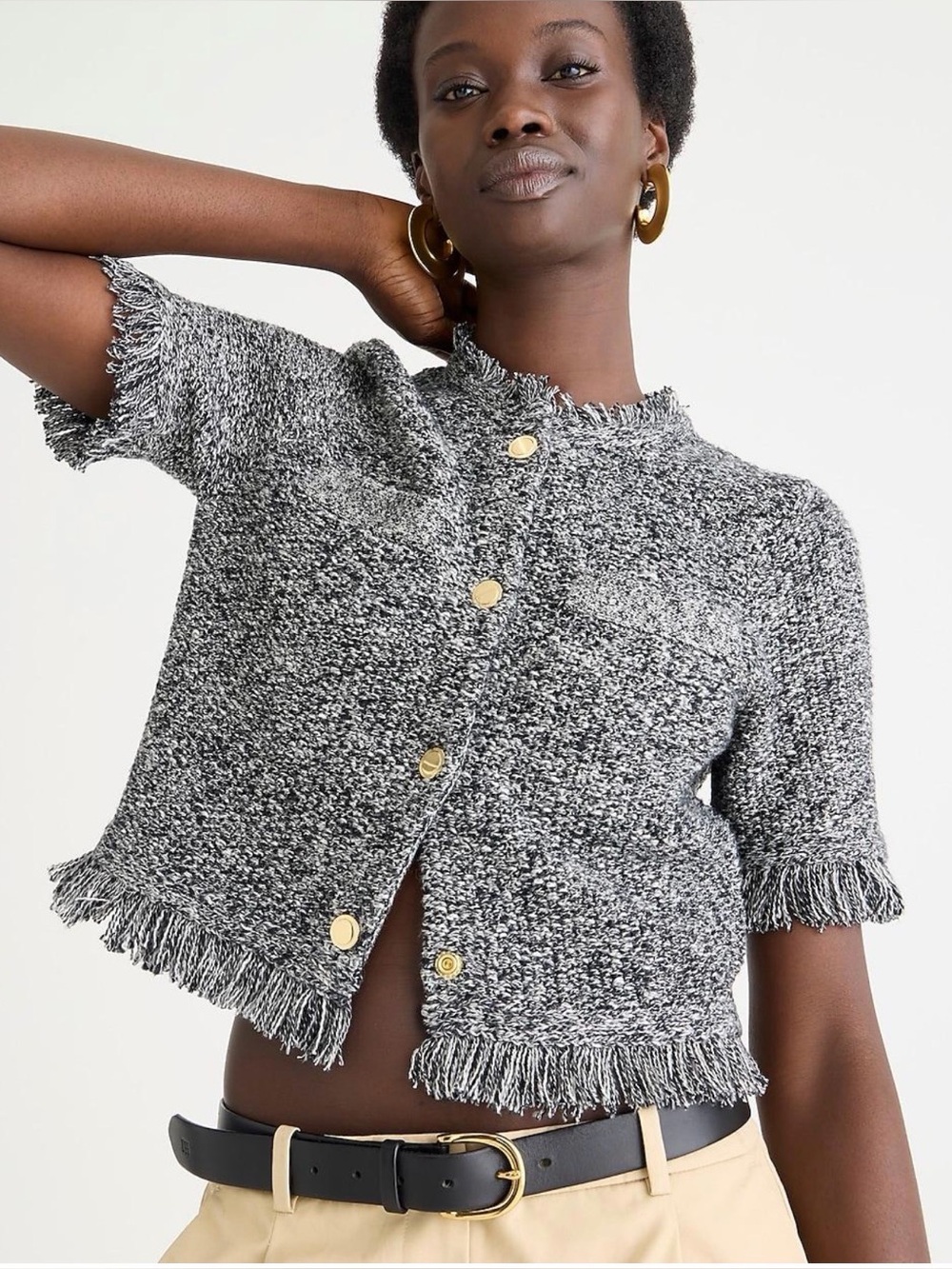 J. Crew Gray Bouclé Fringe Short-Sleeve Cardigan